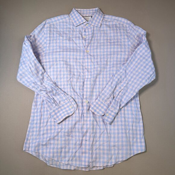 CHARLES TYRWHITT Cotton Slim Fit Dress Shirt Men's 16/33 Blue/Pink Plaid EUC - Picture 1 of 5